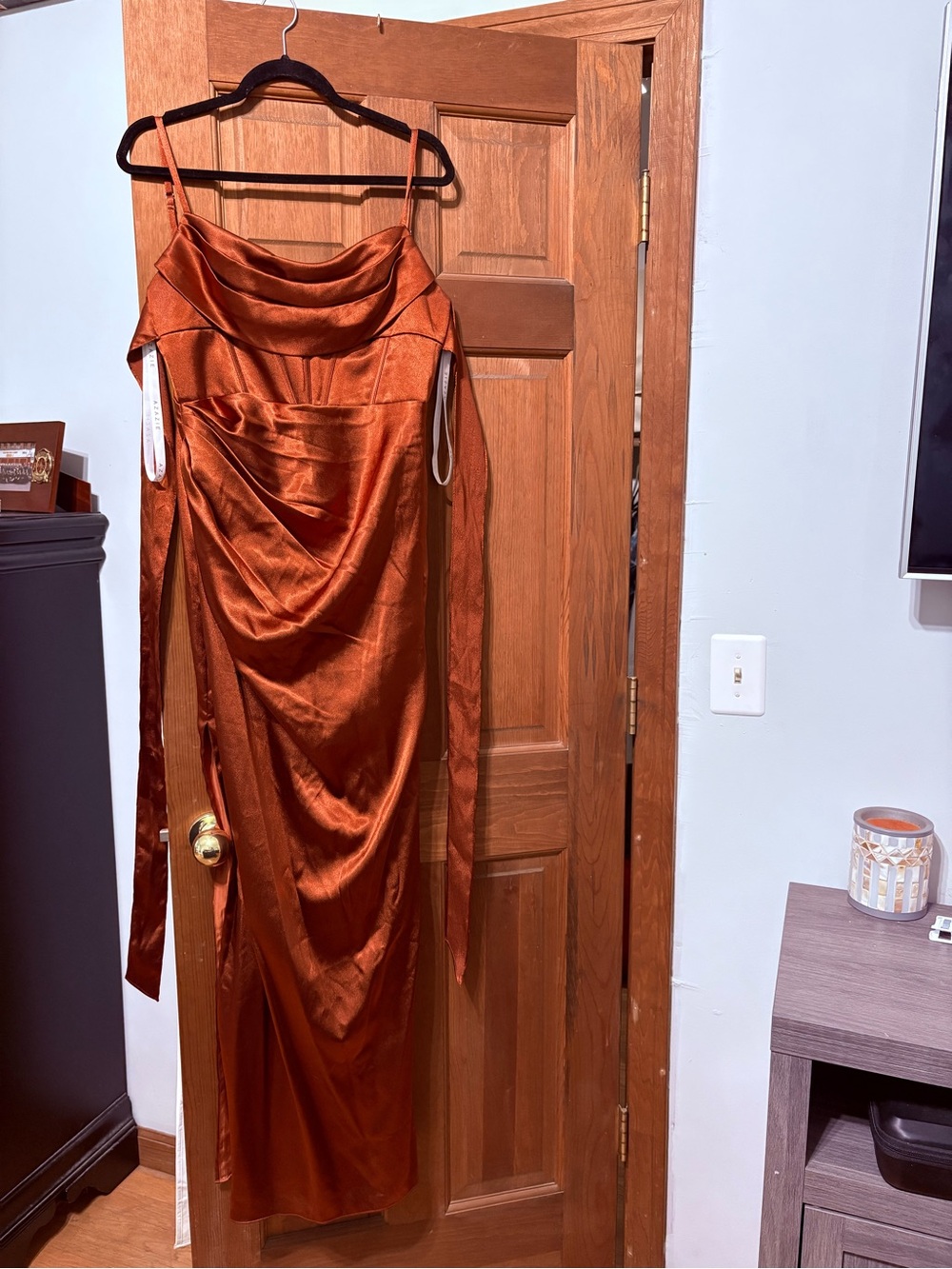 Azazie Satin Draped Slip Dress in Burnt Orange